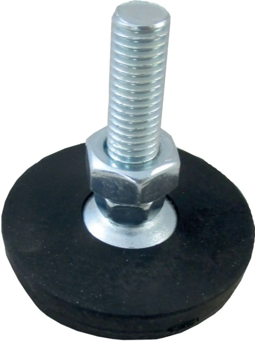 Stellfuß mit runder Gummibasis und gewindelangem Metallschaft, der von einer Mutter gehalten wird. Produkt von Wolf, geeignet für Maschinen oder Möbel.
